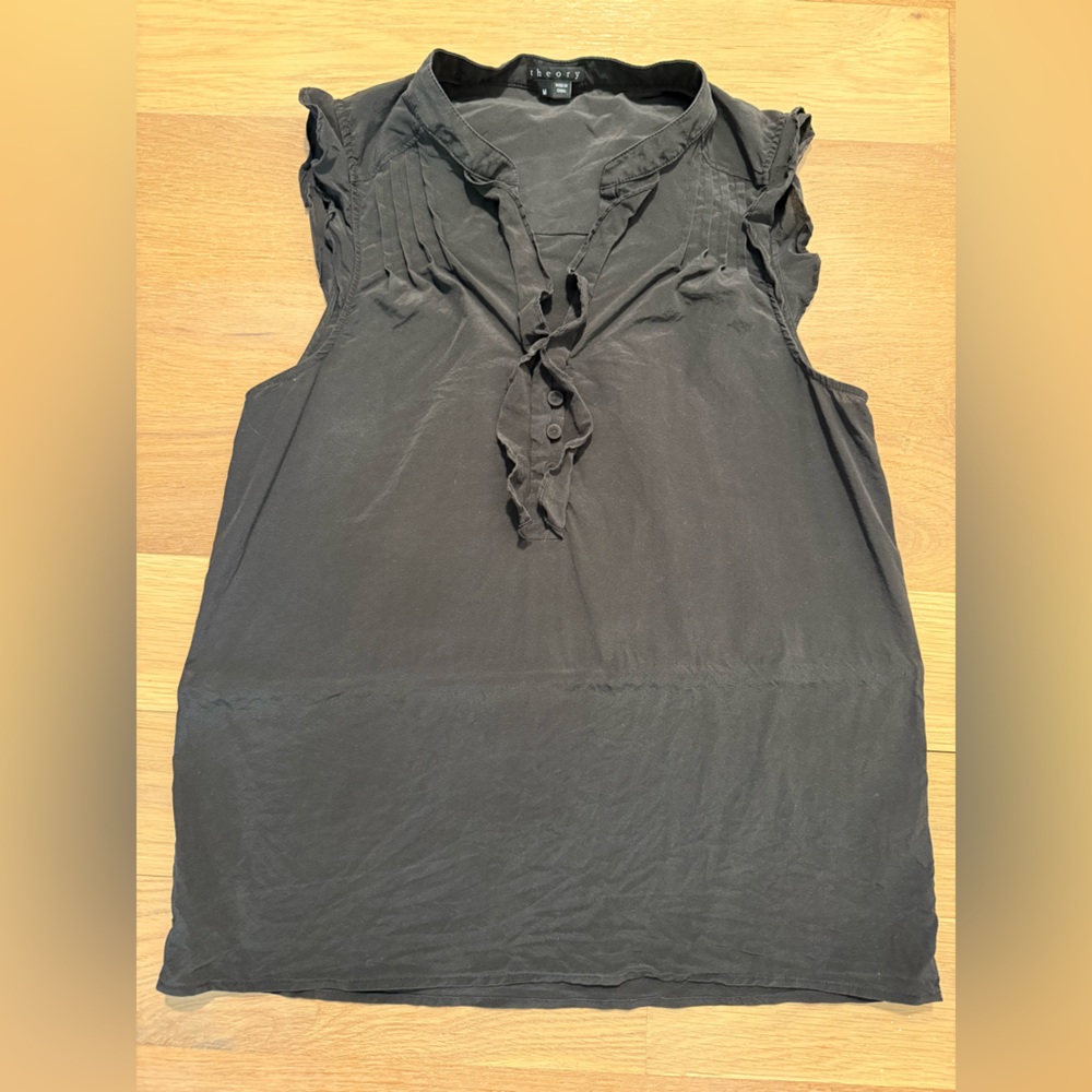 Theory Black Button-Front Ruffle Silk Top